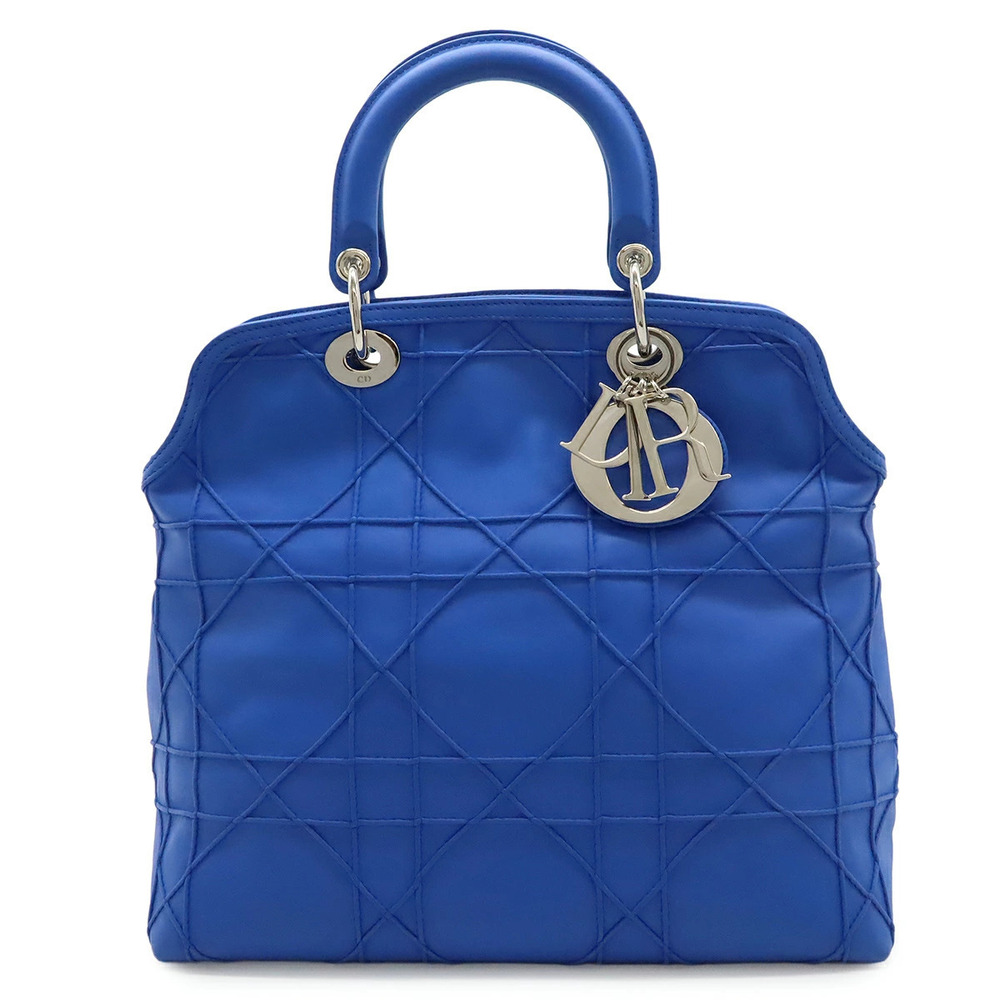 Christian Dior Granville Cannage Handbag Tote Bag Leather Blue